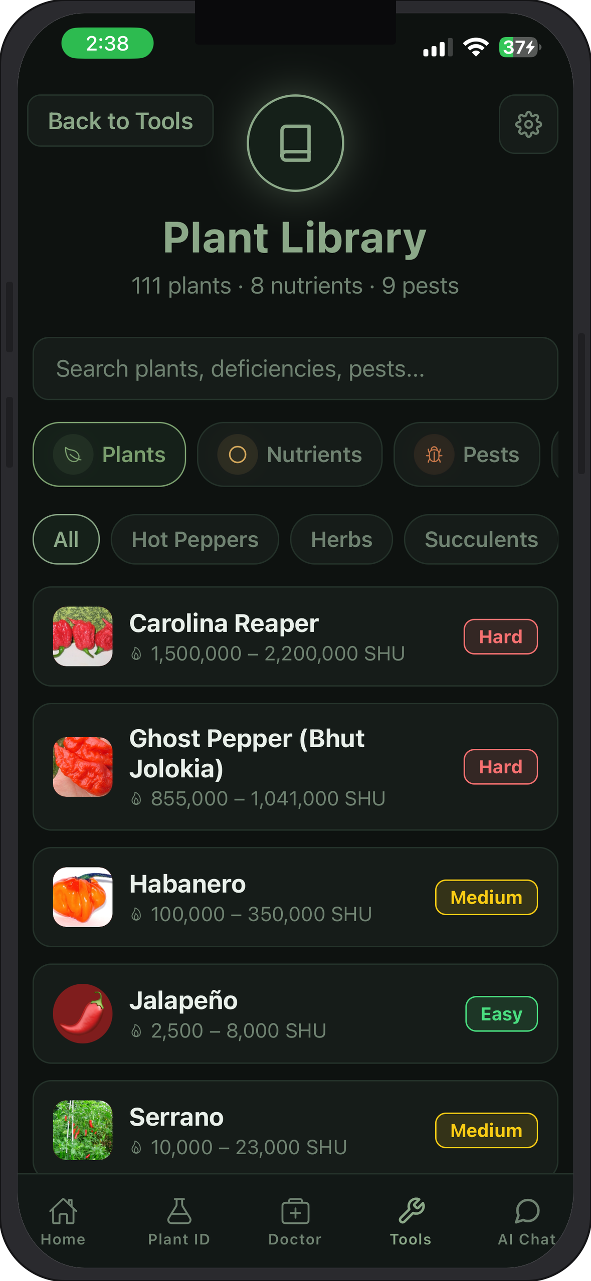 PlantSense Pro plant library with real plant photos